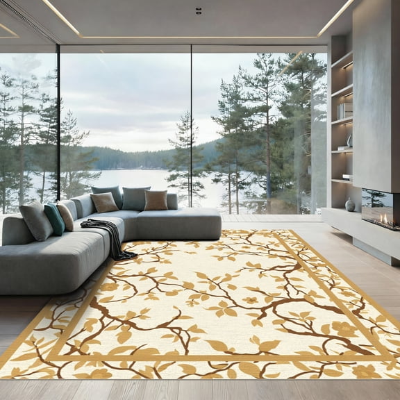ODIKA 4'x6' Machine Washable Non-Slip Area Rug, Chinoiserie Cream High Traffic Rug, Beige, 1089641