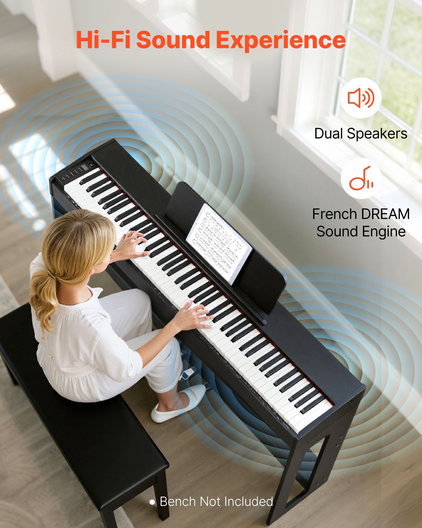 Weighted Digital Piano, 88 Keys Fully Weighted, Electric Piano Keyboard with Furniture Stand, Power Adapter, Triple Pedal, Record Function, 280 Tones, Wireless Connection, for Beginners, Black