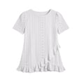 thumbnail image 7 of FRSASU Women's Eyelet T-Shirt Hollowed-Out Crew Neck Short Sleeve Cross Ruffle Hem Casual Summer Tunic Tops White, 7 of 7