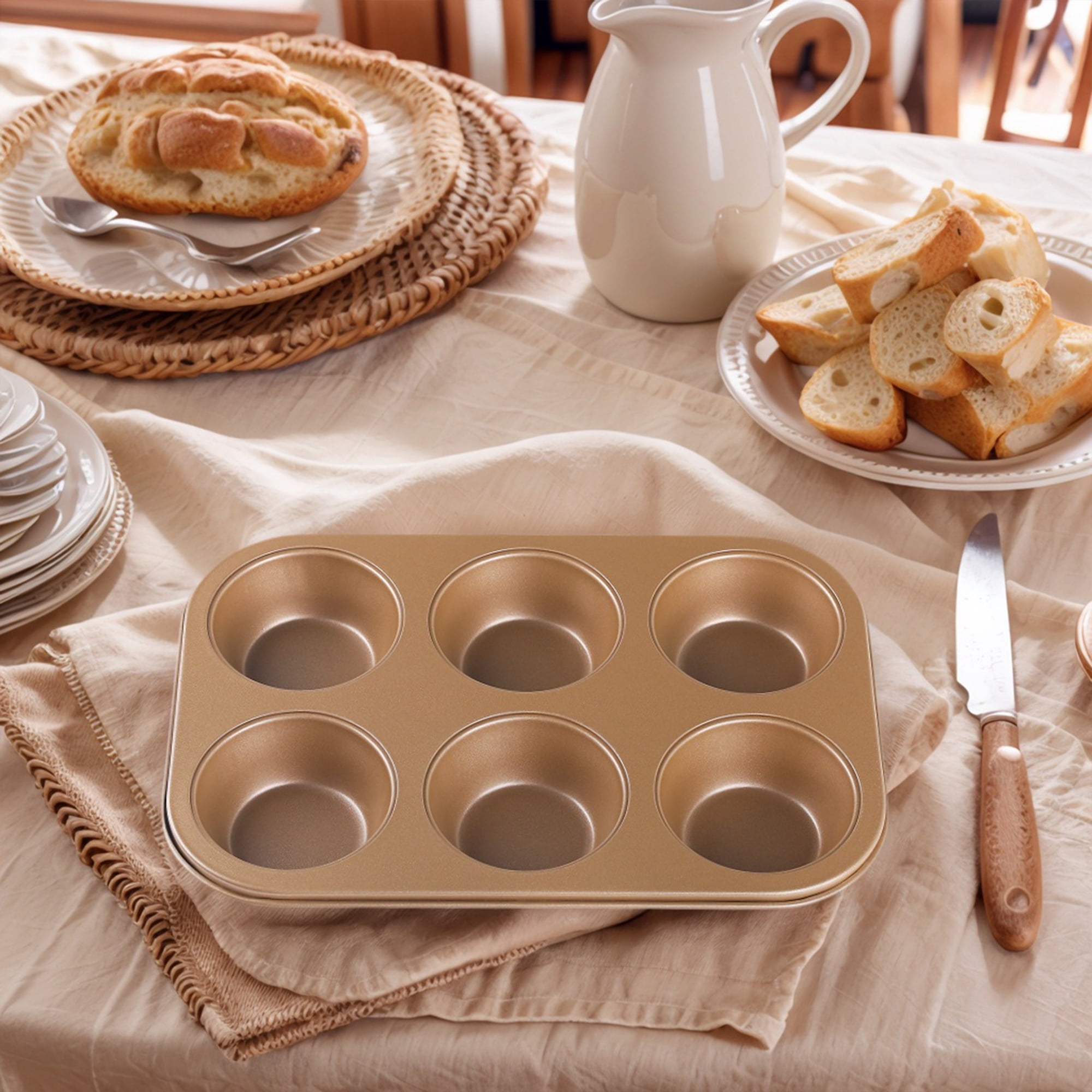 Unique Bargains Nonstick Cupcake Pan with 6 Cups Gold 10.4*10.4*1.2in