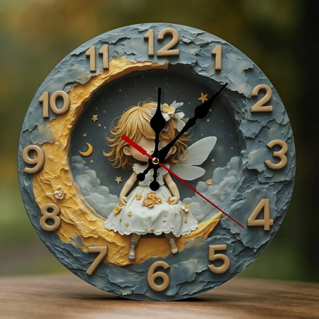 Wall Clock Decorative - Cute Little Girl Moon Print 2D Vintage Wall Clocks Battery Operated Silent Non-Ticking for Bedroom, Living Room, Kitchen, Office, Classroom, 10 Inch
