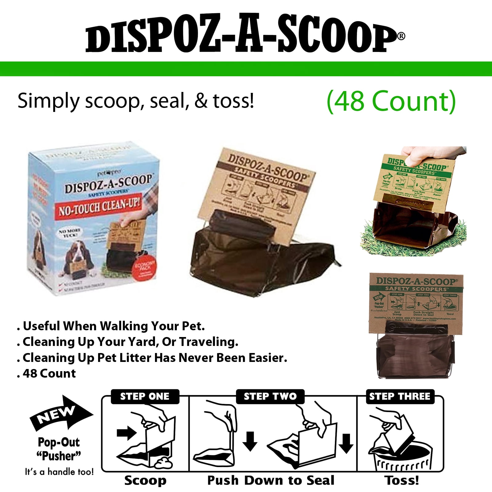 ASOTV -Dispoz-a-Scoop Bags Pet Litter Self-Sealing Odor-Free Airtight for Dogs/Cat - Black 48 Count