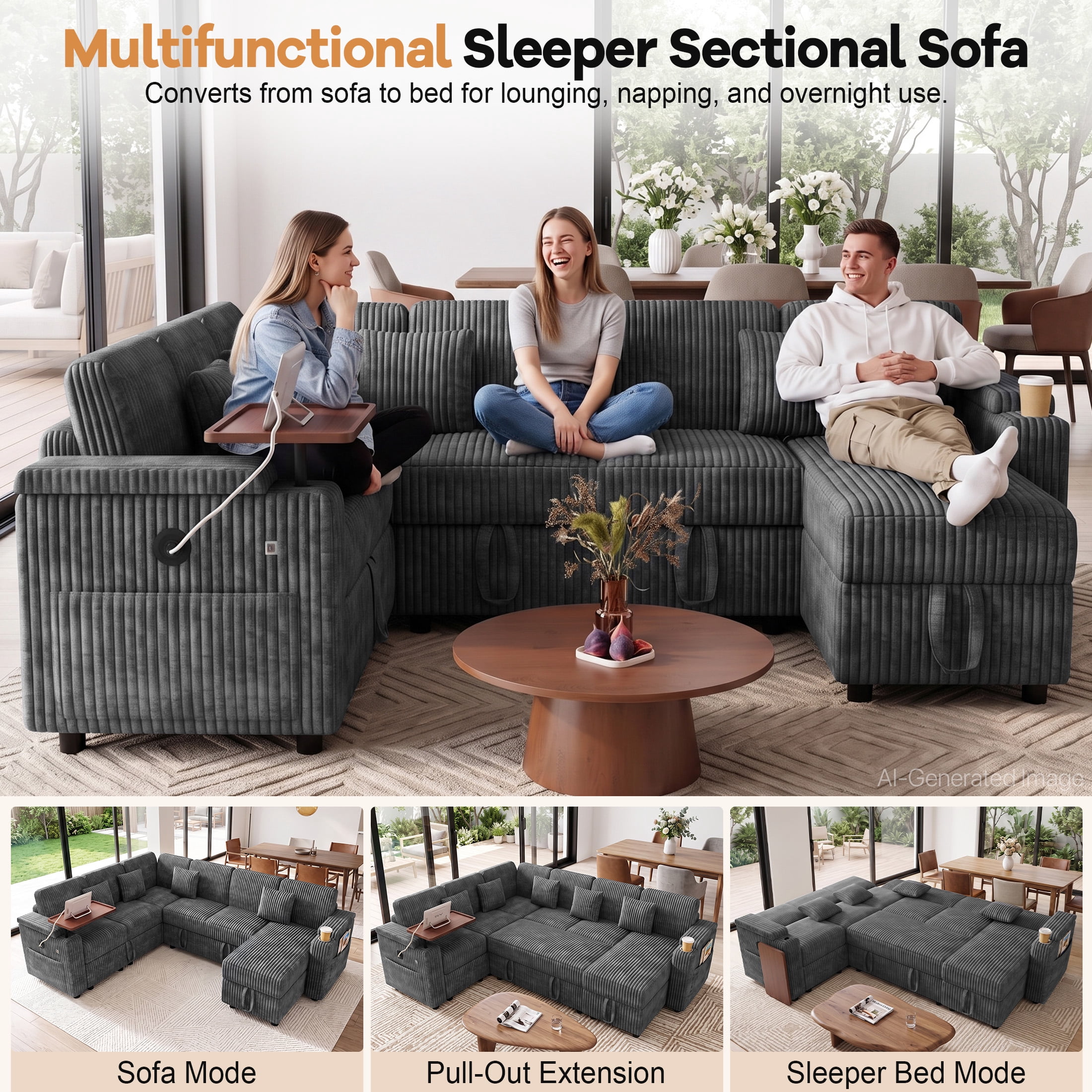 Aenkyo 7-Seat Corduroy U-Shaped Sectional Sleeper Sofa Bed with Storage Chaise and USB Charging, Gray