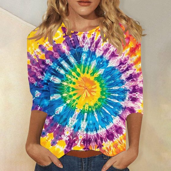 SOOMLON 3/4 Sleeve Tops for Women Plus Size Tunic Cotton Tops Dressy Casual Crewneck Shirts Cute Tie Dye Graphic T Shirts 2025 Fashion Spring Summer Ladies Tops Loose Fit Basic Outfits Pullover XL