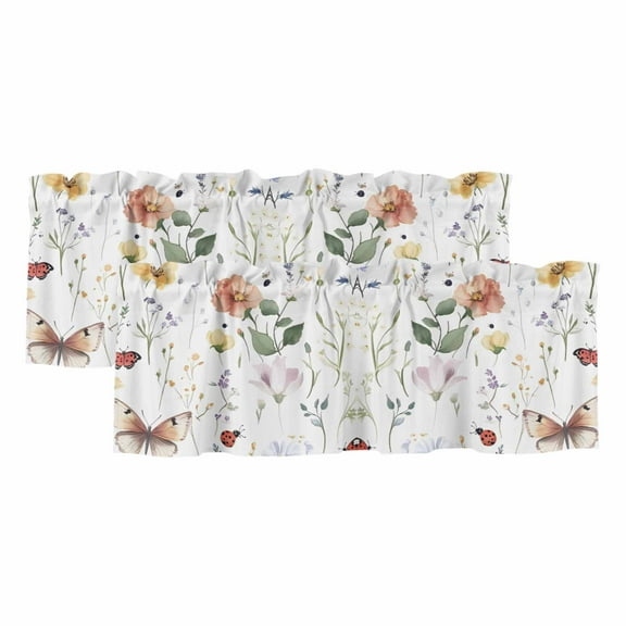 2 Pack Watercolor Flower Valance for Window Butterfly Vintage Colorful Leaves Kitchen Valance Rod Pocket Short Curtain Topper Decorative Window Treatment for Living Room Bedroom 60"x18"