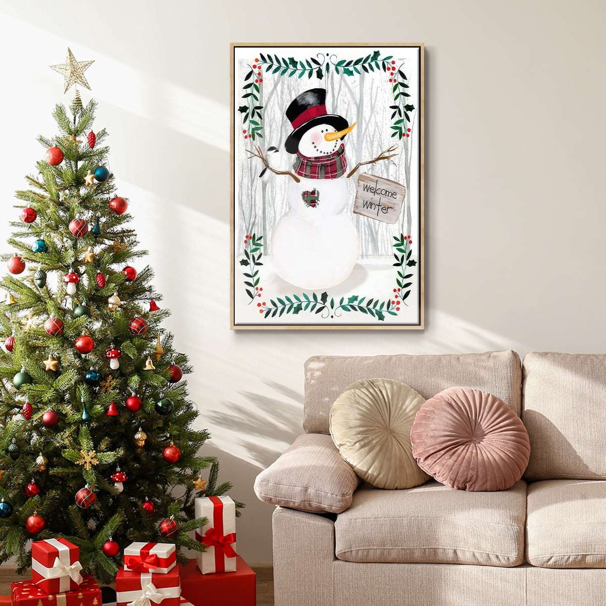 Folk Snowman Forest I - Framed Gallery Wrapped Holiday Canvas - 25 x 37 - Natural Wood Frame