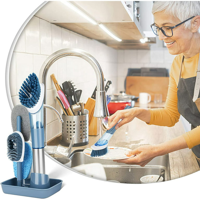 Nokstar Soap Dispensing Dish Brush,Kitchen Brush ,Dish Cleaning Brush with Stainless Steel Handle Kitchen Brush for Pot Pan Sink Cleaning, Blue