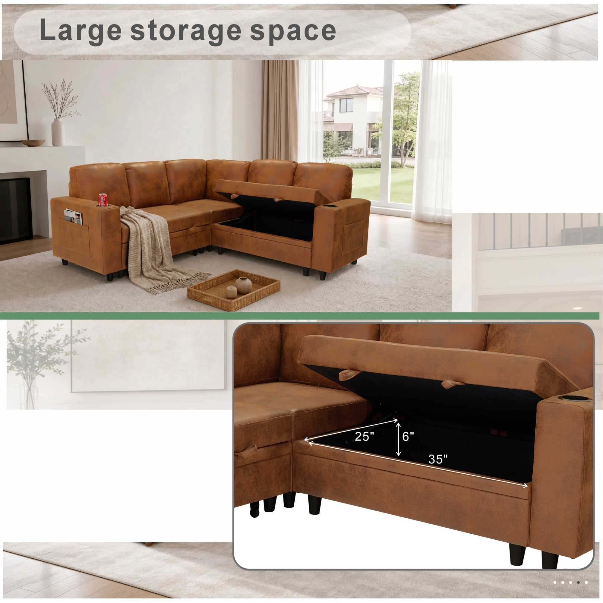 Leumius 76.5" Sectional Sleeper Sofa with Pull Out Bed,Storage Seat & Cup Holders,L-Shape Modern Upholstered Sofa Couch Convertible Corner Couch for Living Room,