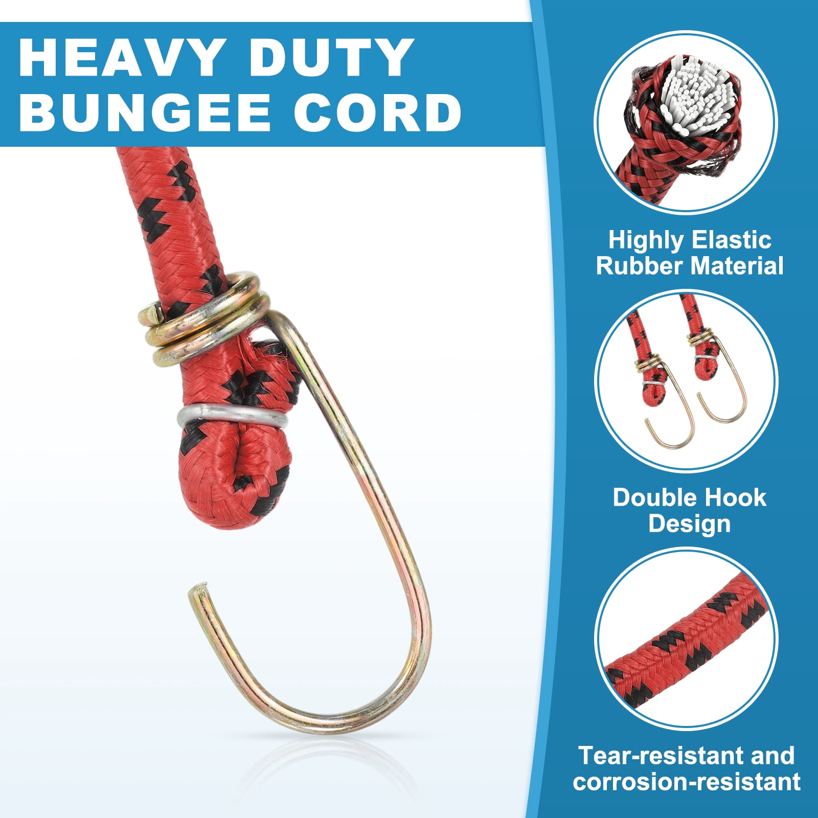 Uxcell 3/8" x 4.9ft Marine Grade Bungee Cord with Hooks, 4Pcs Rubber Heavy Duty Outdoor Elastic Straps Kayak Stretch String Rope for Securing Luggage Moving Cargo, Red