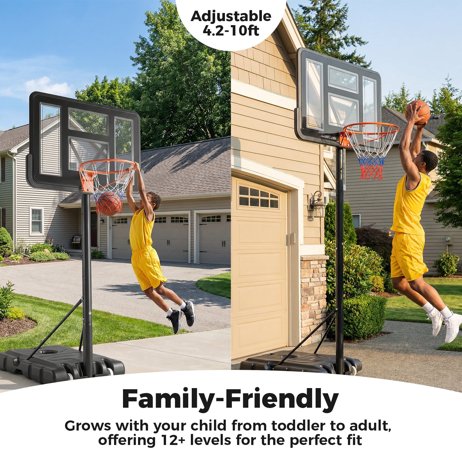 Alvantor 44" Shatterproof Backboard Basketball Hoop, 4.2-10ft Adjustable Height, Portable Outdoor Basketball Goal System for Kids & Adults, Black