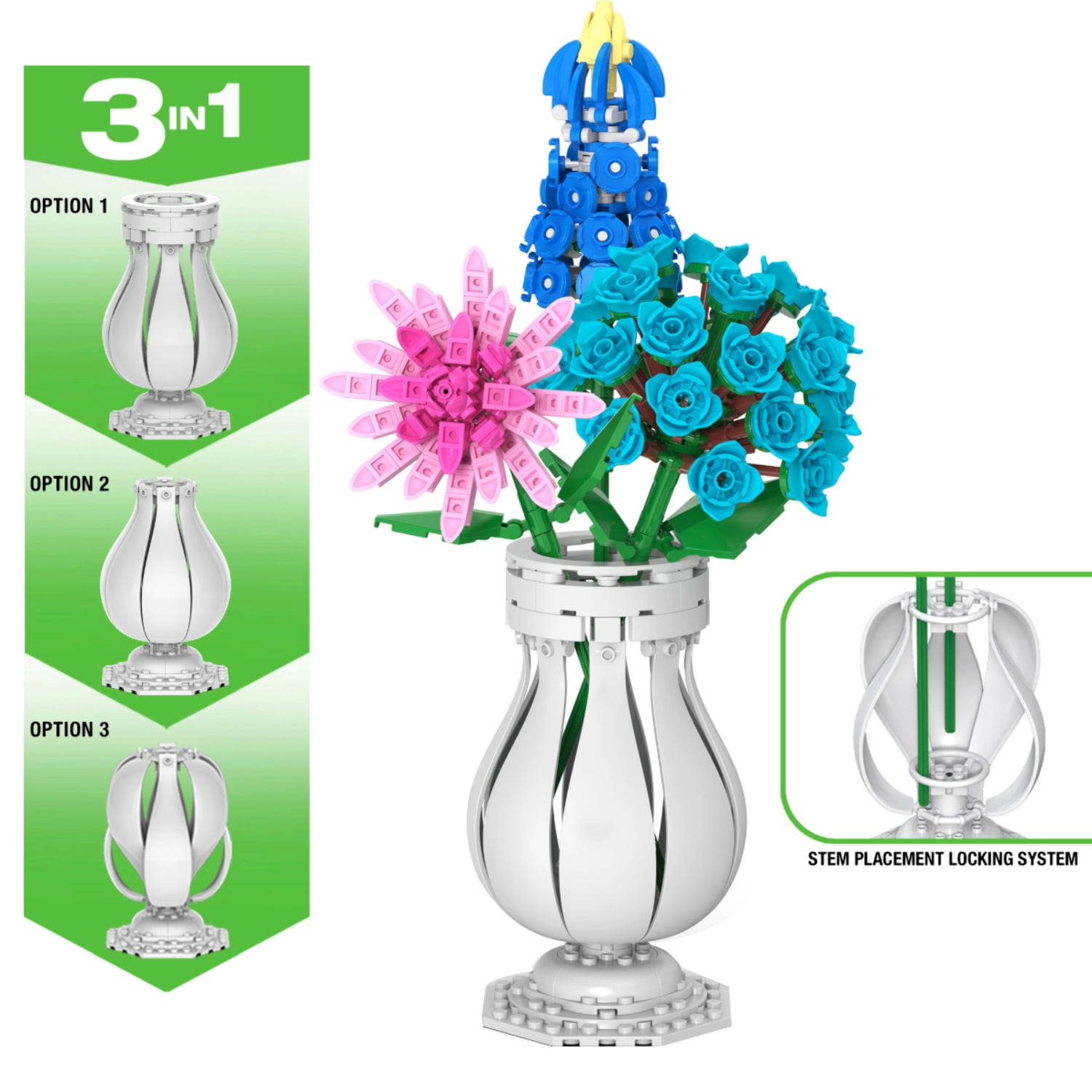 花瓶・フラワースタンド Silver Plated Set of 3 Connecting Vase Brickcraft Bricktanicals 3 In 1 Building Kit, 70-Piece Set