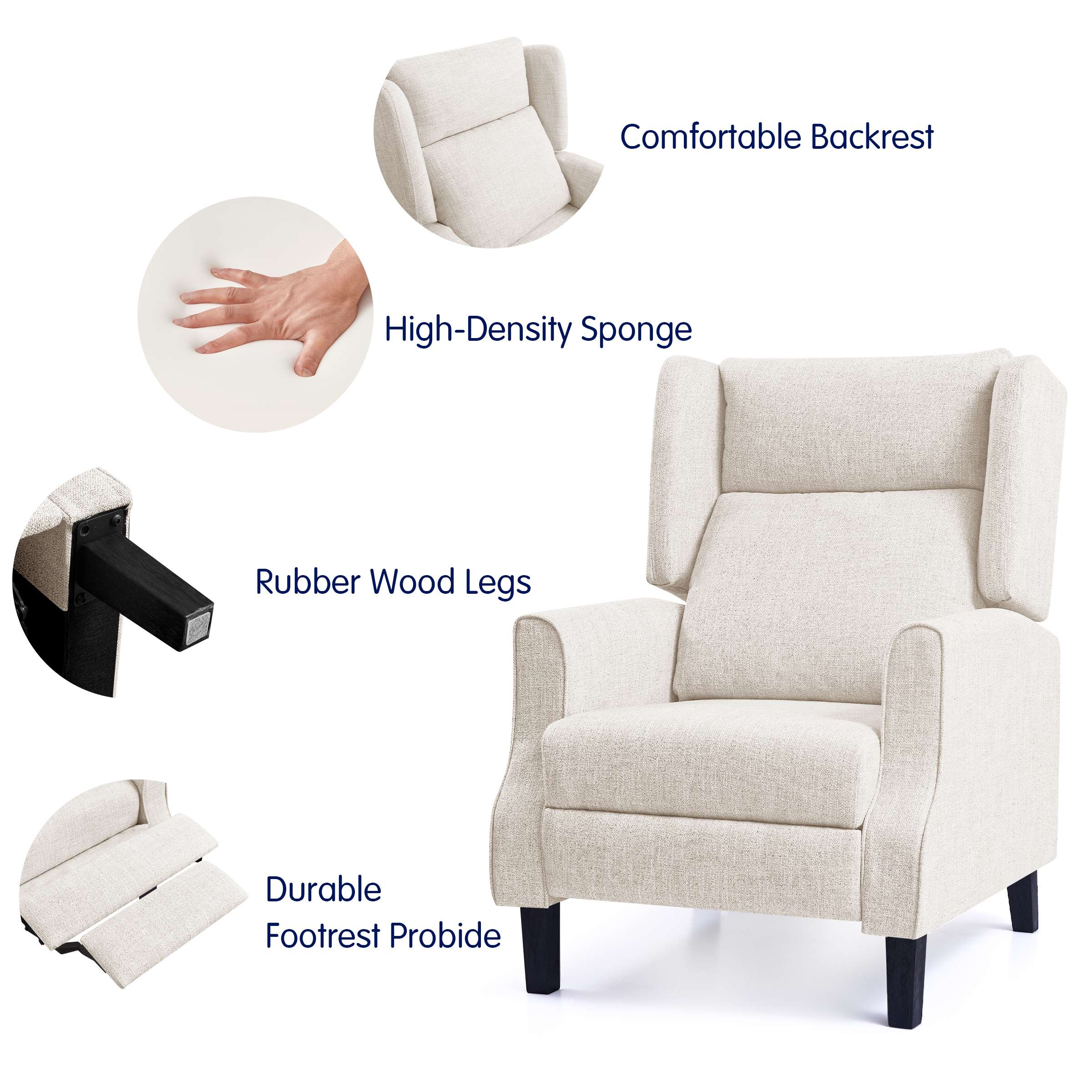 Subrtex Push Back Recliner Chair, Modern Upholstered Manual Wing Chair with Extending Footrest Linen Fabric Recliner Chair (2 PC, Beige)