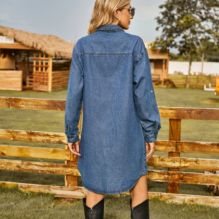 slim fit dress slacks Loose Blue O Neck Pockets Patchwork Denim Dresses Fall  Rae Jeans