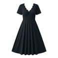 thumbnail image 6 of Ayolanni V-Neck Women Summer Dresses Solid Casual Short Sleeve Maxi A-Line Dress Fitted Waist Dressy Vacation Lace Patchwork Wedding Guest Sundress Black M, 6 of 9