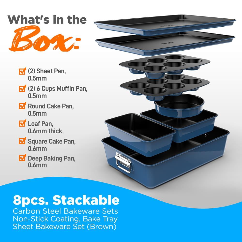 8-Piece Nonstick Stackable Bakeware Set w/ Non-Stick Coating, 450°F Oven Safe, Round Cake, Loaf, Muffin, Wide/Square Pans, Cookie Sheet (Blue)