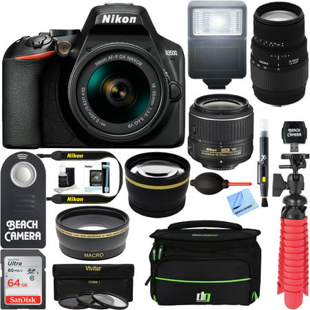 Nikon D3500 24.2MP DSLR Camera (1590) + (18-55mm VR Nikon & 70-300mm SLD DG Sigma Lens Package, Black) + Bundle 64GB SDXC Memory + Photo Bag+Wide Angle Lens + 2x Telephoto+Flash + Tripod +