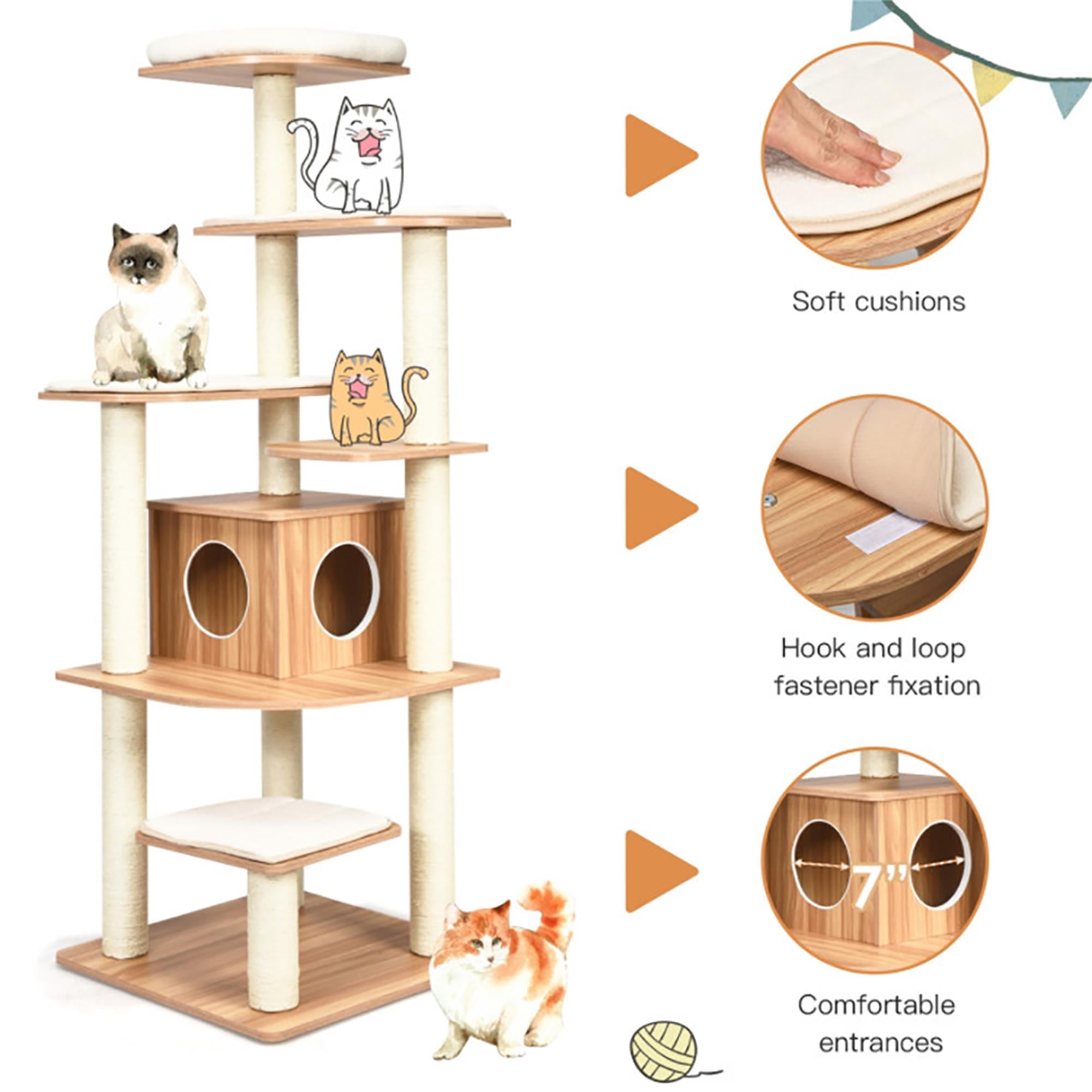 resenkos 71" Modern Cat Tree Tower for Indoor Cats, Wood Cat Condo with Scratching Post and Removable Pads for Small Large Cats, Beige