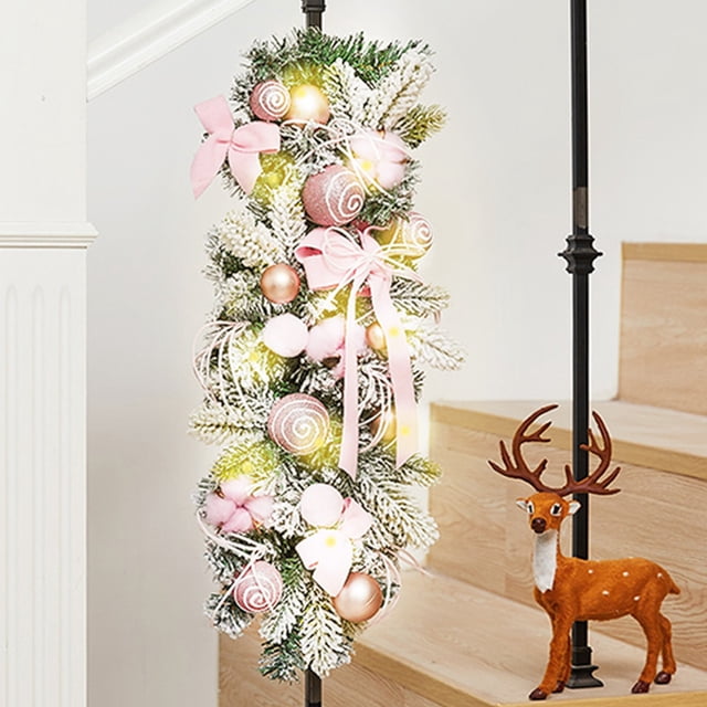 Xihbxyly Corona Navideña Iluminada, Guirnalda Preiluminada para Escalera, Decoración con Piñas y Lazos, Decoración Festiva para El Hogar, Uso Interior y Exterior, Decoración Navideña para La Puerta d
