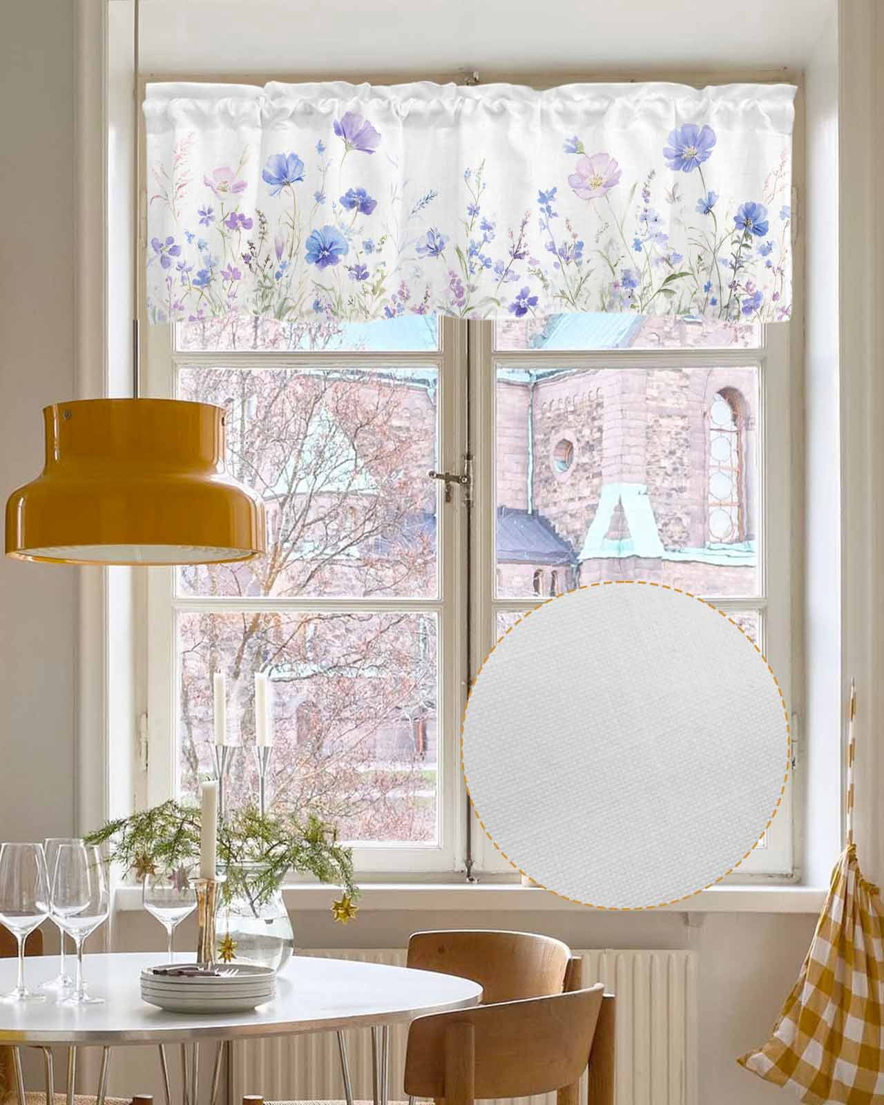 Lavender Flowers Kitchen Valances for Windows Farmhouse Linen Window Valance Curtain for Living Room Window Treatment Spring Blooms Botanicals Garden Floral Valance Rod Pocket Topper, 60 x 18 Inch