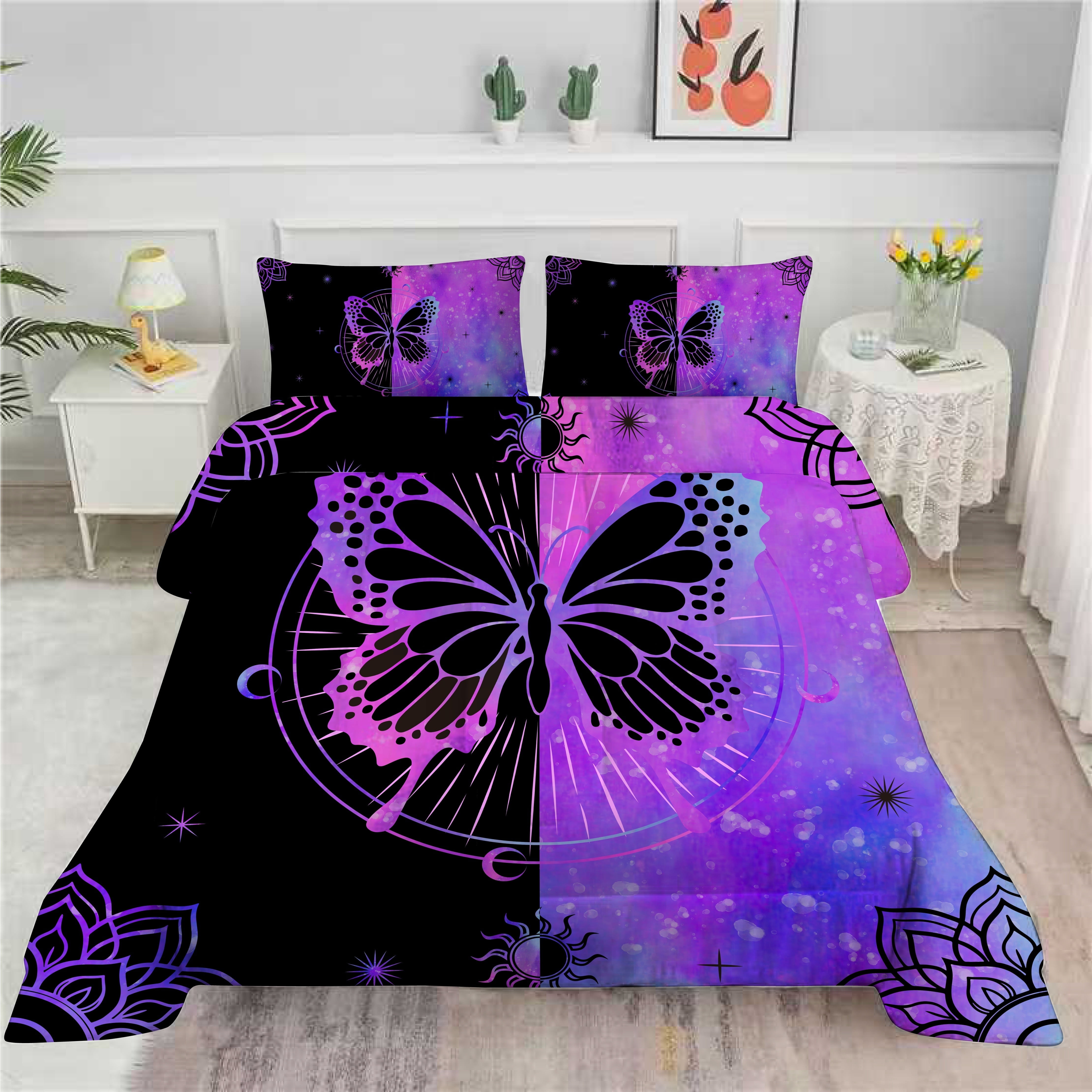 Psoiuetr Butterfly Comforter Set Queen Size for Girls Kids Teens Black Blue Purple Tie Dye Bedding Set 3 Pieces