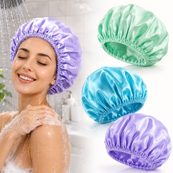 Rongsi Shower Caps for Women Reusable Waterproof, 3 Pack Women Shower Caps Reusable EVA Hair Cap for Shower Double Protection Layers Elastic