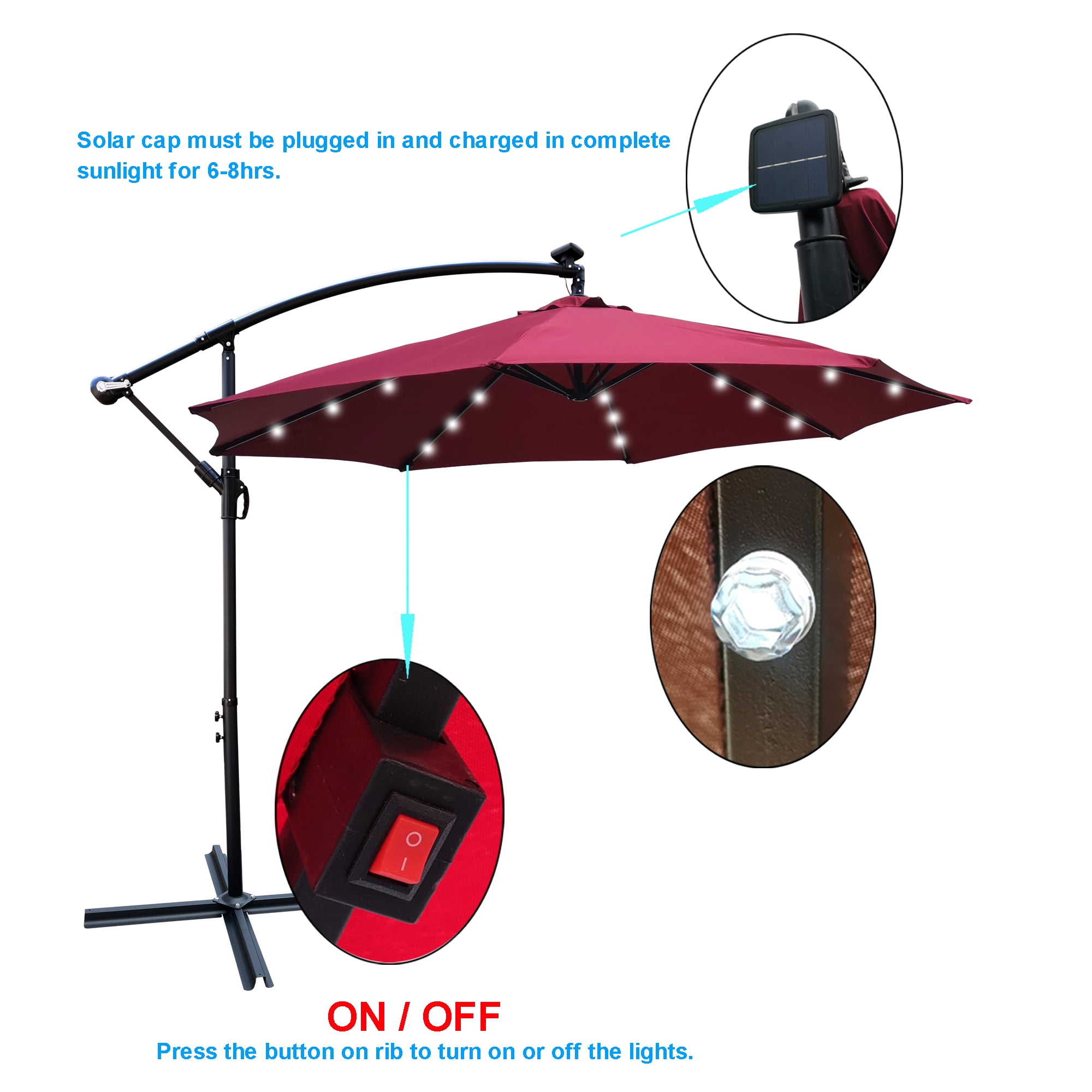 10 FT Round Outdoor Patio Umbrella, Solar LED Lighted Waterproof Sun Shade Umbrella with Stable Base, Burgundy