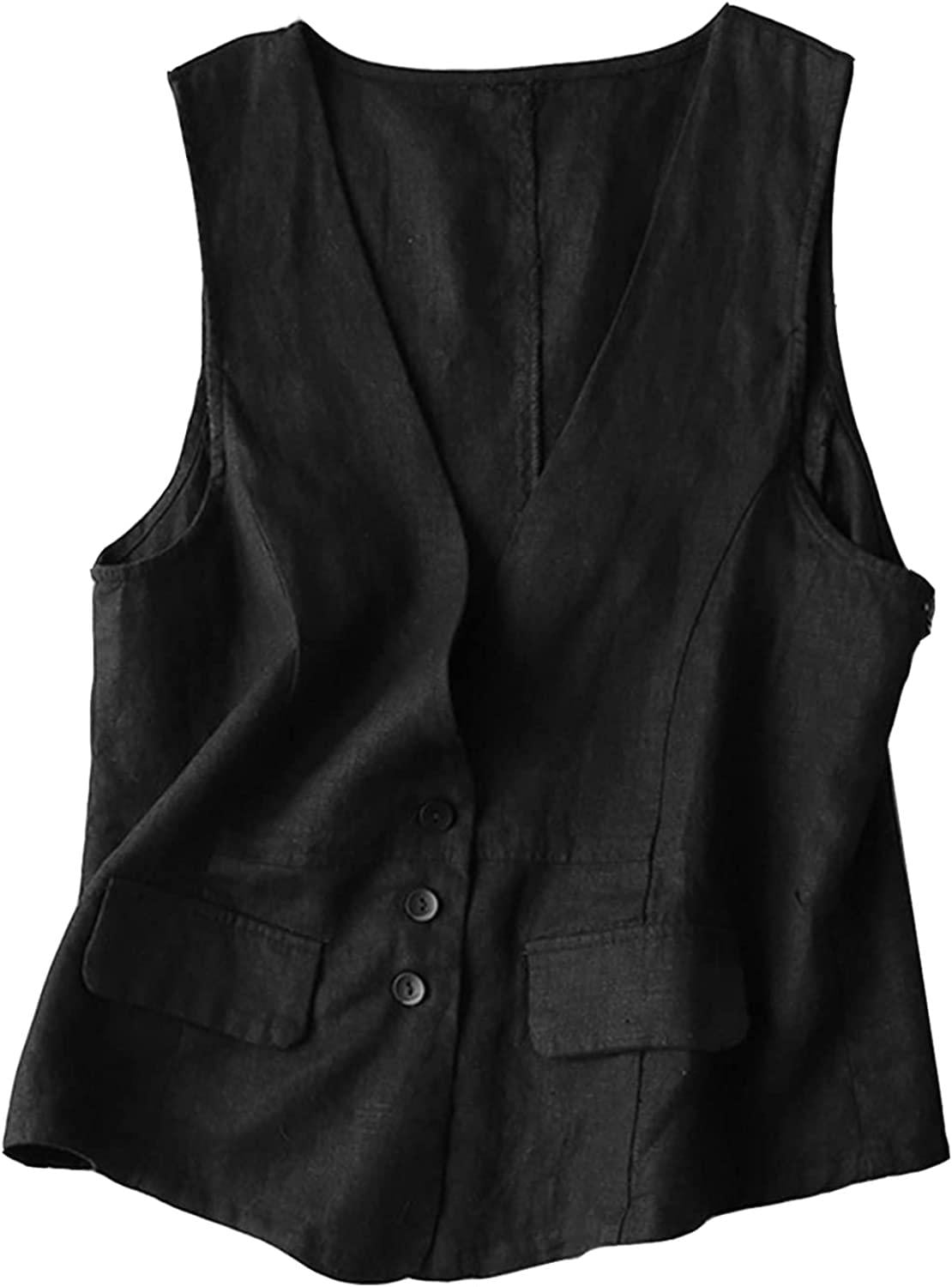 Womens Cotton Linen Vest Casual Loose V Neck Sleeveless Vests Jacket