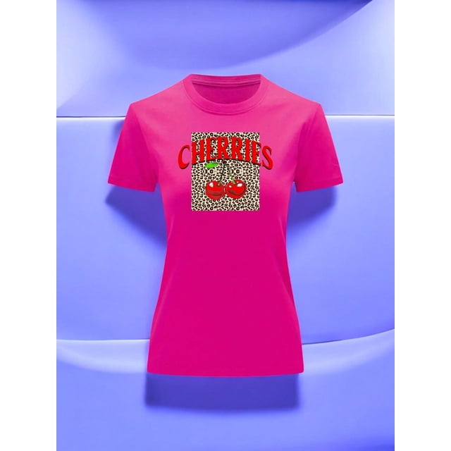 Playera Blusa De Cerezas Cherries Con Fondo Animal Print Vintage Color Fucsia Talla Grande Marca Emil SaEs