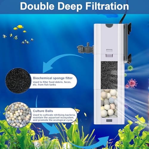 265 GPH 4-in-1 aquarium filter, 20-80 gallon fish tank filters Filtration and Oxygenation, filter for fish tank with biochemical cotton, ceramic beads, Multi-functional turtle tank filter(15 W)