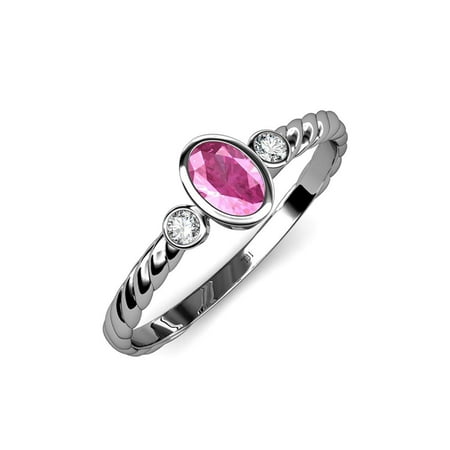 

Pink Sapphire and Diamond (SI2-I1 G-H) Three Stone Rope Ring 0.61 ct tw in 14K White Gold.size 3.5