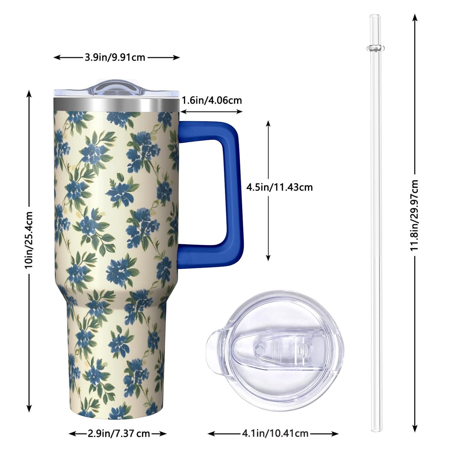 Flower Floral Print Pattern 40oz Tumbler with Handle and Lid, Double Wall Vacuum Insulated Tumbler, Gift Cups for Women and Men