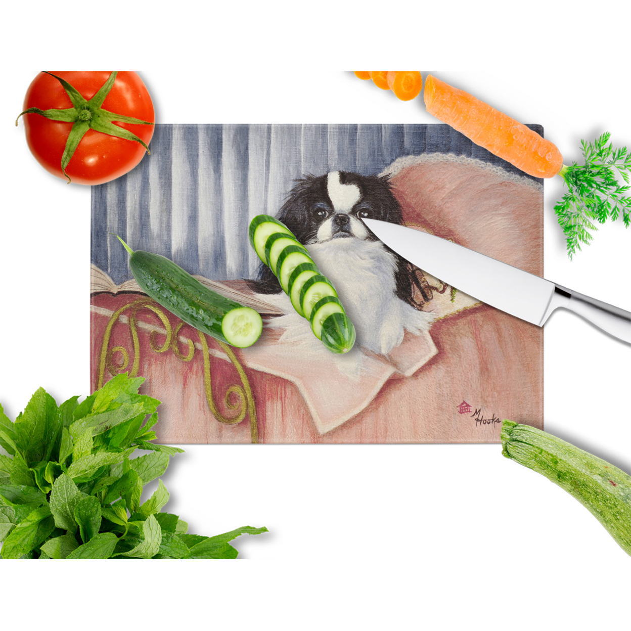 Caroline's Treasures Japanese Chin Reading in Bed Glass Cutting Board Large