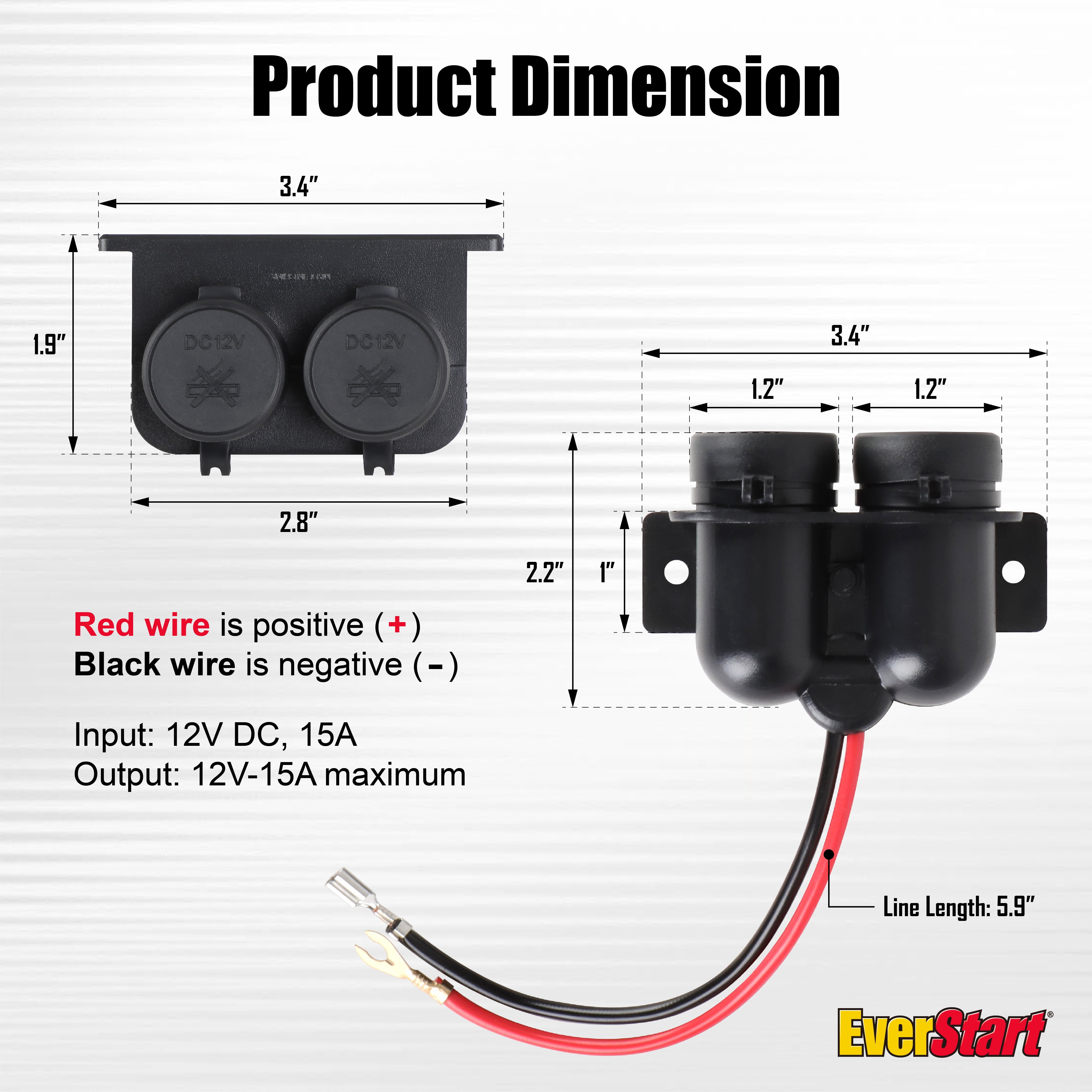EverStart Auto Auxiliary Dual 12 Volt Power Outlet, Cigarette Lighter Socket Adapter Black