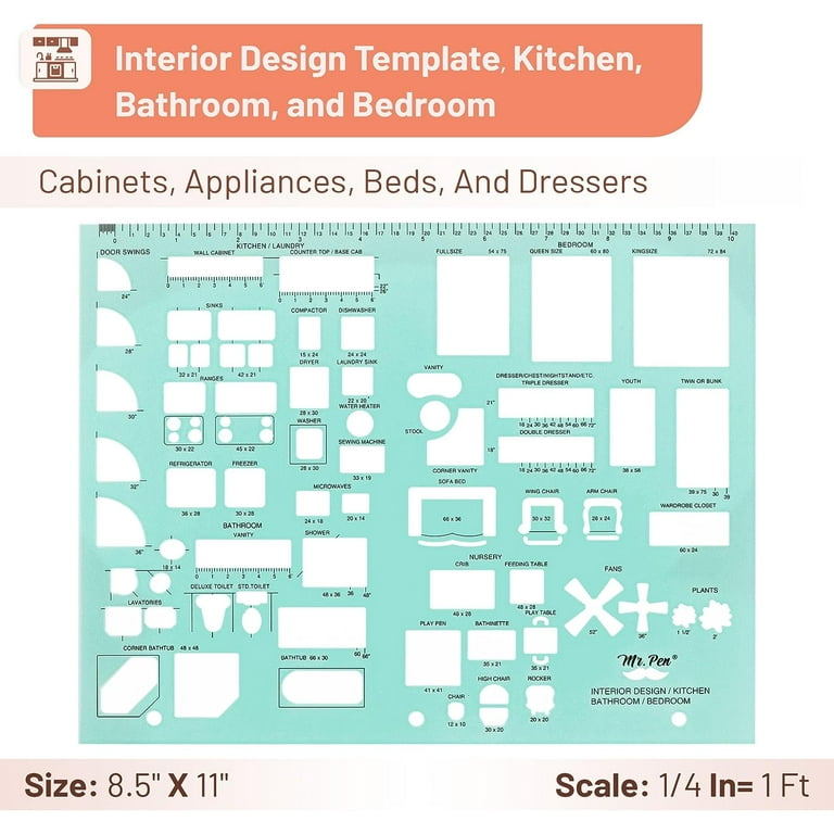 Mr. Pen- House Plan, 3 Pack, Green, Interior Design and Furniture Templates, Drafting Tools and Ruler Shapes for Architecture, Drafting Tools, Architecture Supplies, Drafting Templates - Walmart.com for 1 4 Inch Scale Furniture Templates Printable Free