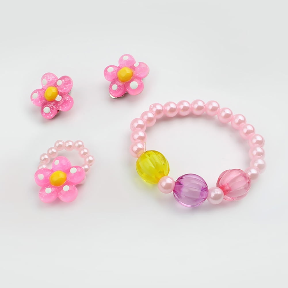 Flmtop 5Pcs/Set Handmade Flower Necklace Bracelet Ring Ear Studs Kids Girls Jewelry Set, Kids Unisex, Size: 1 PC, Pink