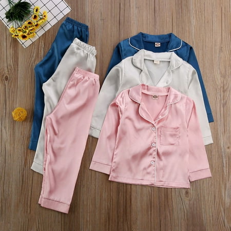 

Toddler Kids Baby Boys Girls Pajamas Satin Silk Set Children Sleepwear Nightgown Solid Color Casual Long Sleeve+Top Pant Nightwear 1-7Y