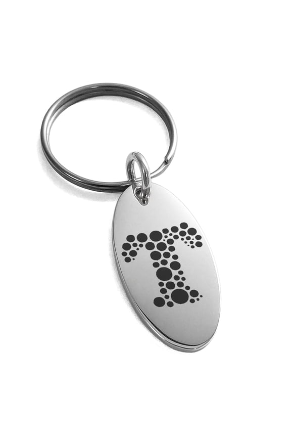 Stainless Steel Letter T Initial Dotted Monogram Engraved Small Oval Charm Keychain Keyring