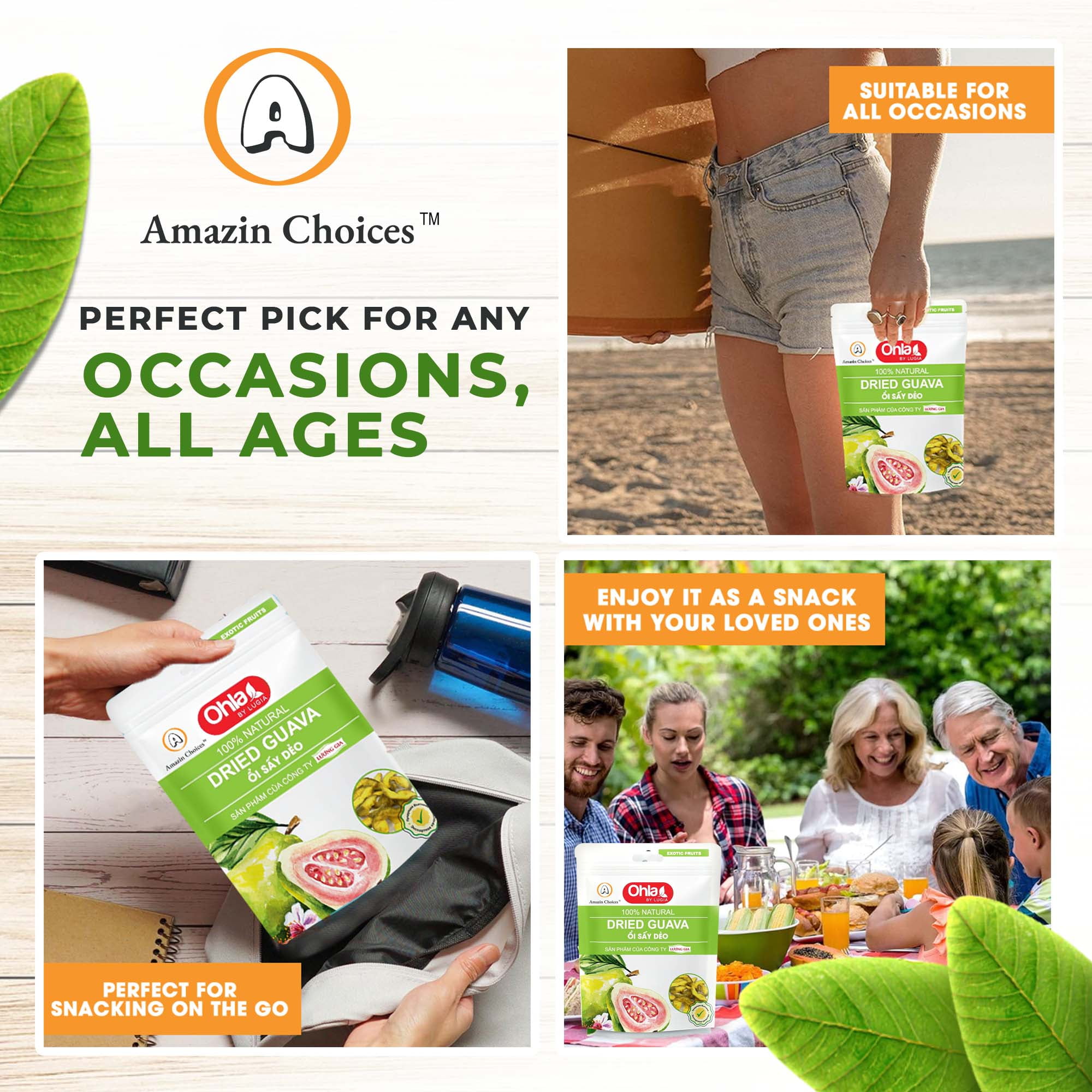 (5 pack) Amazin Choices Dried Guava, Gluten-Free, Vegan Snack, 17.64 oz