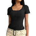 thumbnail image 2 of Plain T Shirts for Women Summer Short Sleeve U Neck Stretch Slim Fitted Tshirts Base Layer Solid Basic Tees, 2 of 7