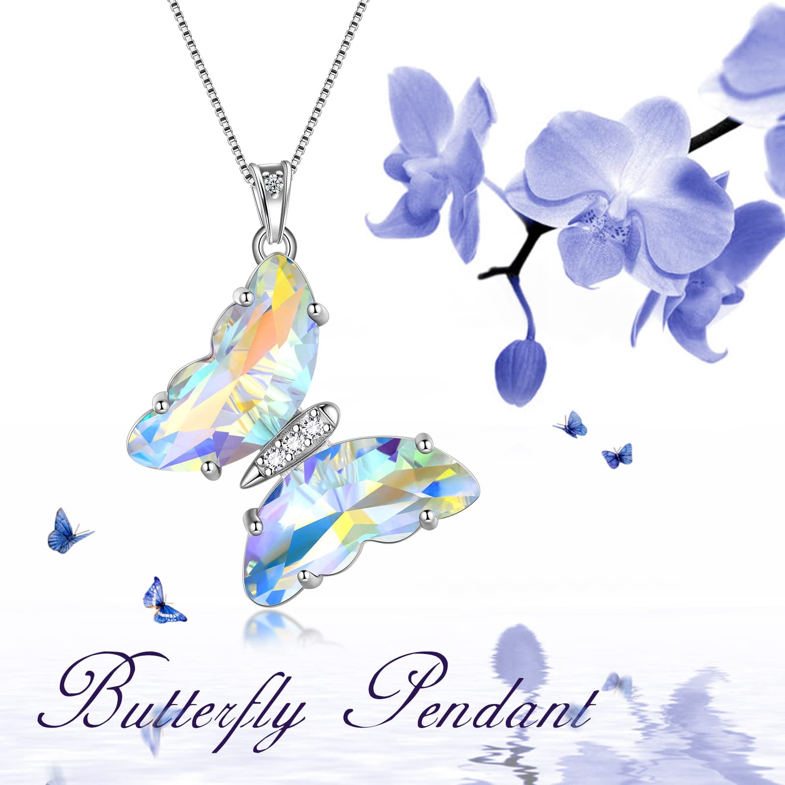 White Butterfly Necklace 925 Sterling Silver April Birthstone Necklace Pendant Jewelry Women Birthday Mother's Day Gifts Juwaliy