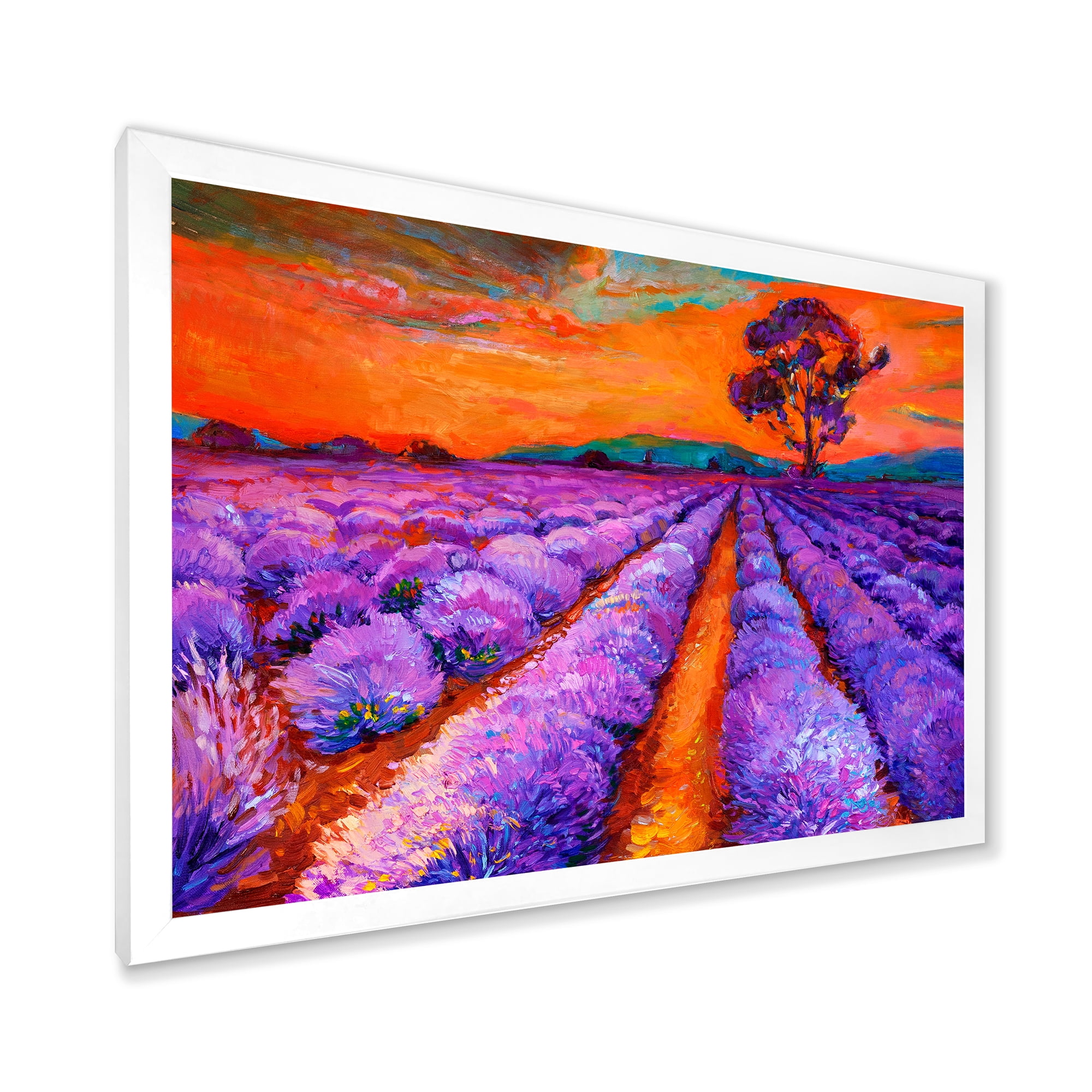 Designart 'An Orange Sunset Over Purple Lavender Fields I' Farmhouse Framed Art Print
