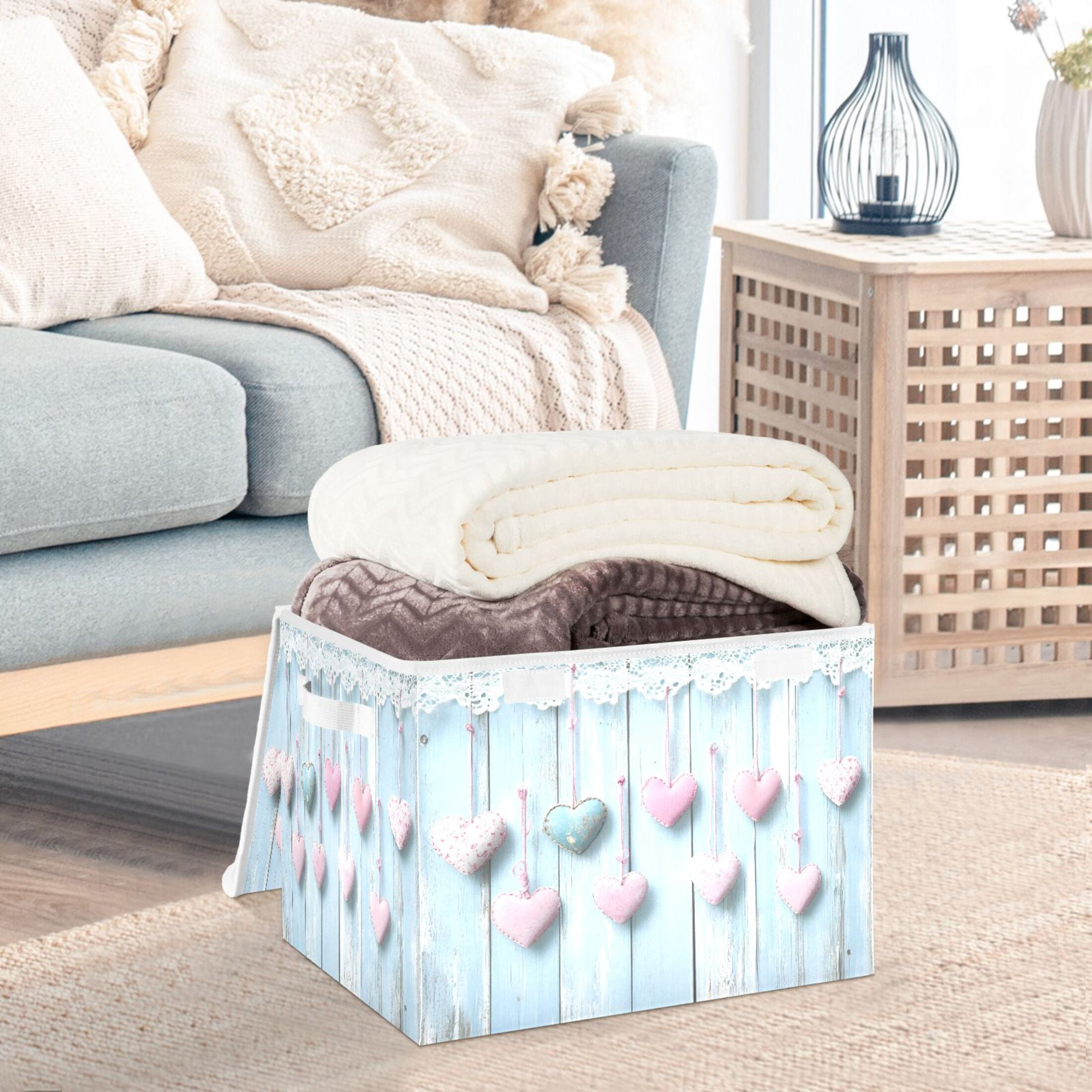 Ryvnso Pink Hearts Wooden Large Lidded Foldable Storage Baskets Cubes Boxes Lids Bin for Home