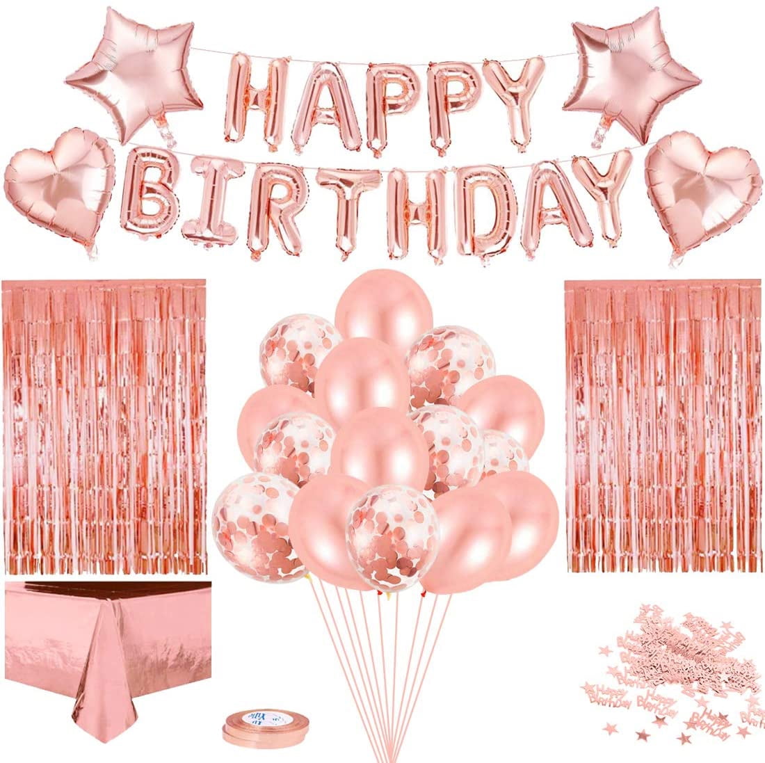 Pink Birthday Party Decoration Happy Birthday Balloon Banner Fringe Curtain Foil Tablecloth Heart Star Foil Confetti Balloons Plus 10g Pink Table Confetti for Man Women Birthday Party
