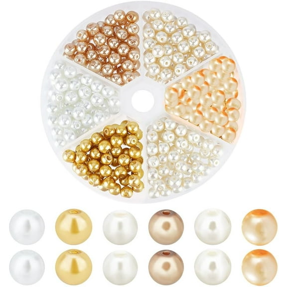 300pcs 6mm Glass Pearls 6 Style Pearl Craft Beads Baking Painted Pearlized Glass Pearl White Golden Round Bead Strands for Wedding Party Home Decoration DIY Jewelry Making DIY