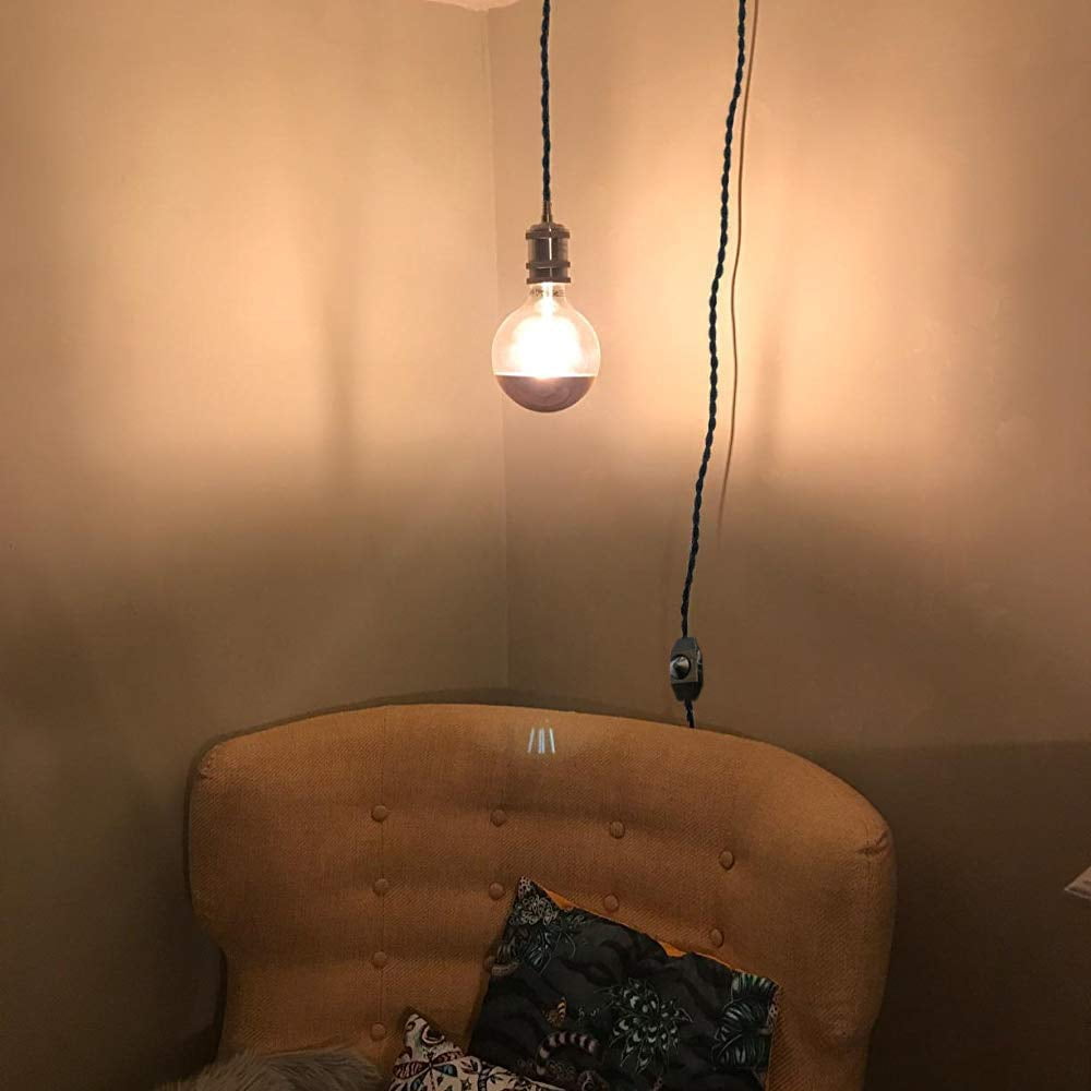 Kiven Single Chrome Edison Socket Vintage-Style Pendant Light Cord w/Dimmer, 14.7FT Twisted Black Cloth Bulb Cord Hanging Light Fixture