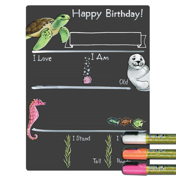 Cohas Ocean Theme Birthday Milestone Chalkboard, 9 by 12 inches, 3 Bright Markers