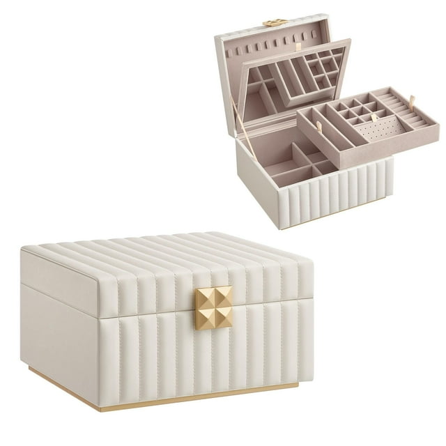 Caja Joyero de 2 Capas con Espejo, Organizador Joyas, Bandeja Extraíble, Superficie PU, 21.5 x 24 x 13.5 cm
