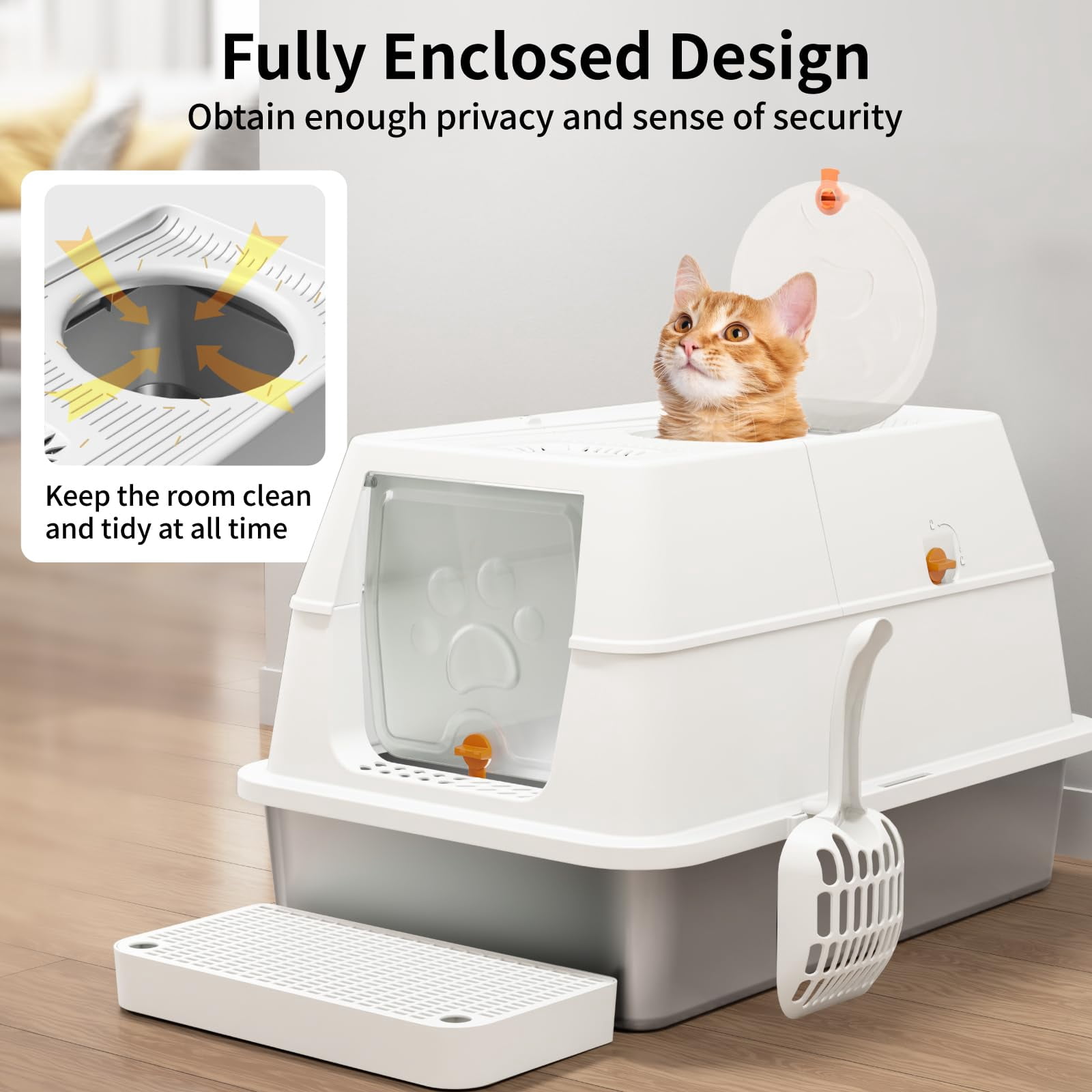 Stainless Steel Cat Litter Box With Lid  180° Flip-top Xl Extra Large Enclosed Covered Metal High Sided Pan Steps & Scoop Easy Cleaning Odor Control Non-sticky-white