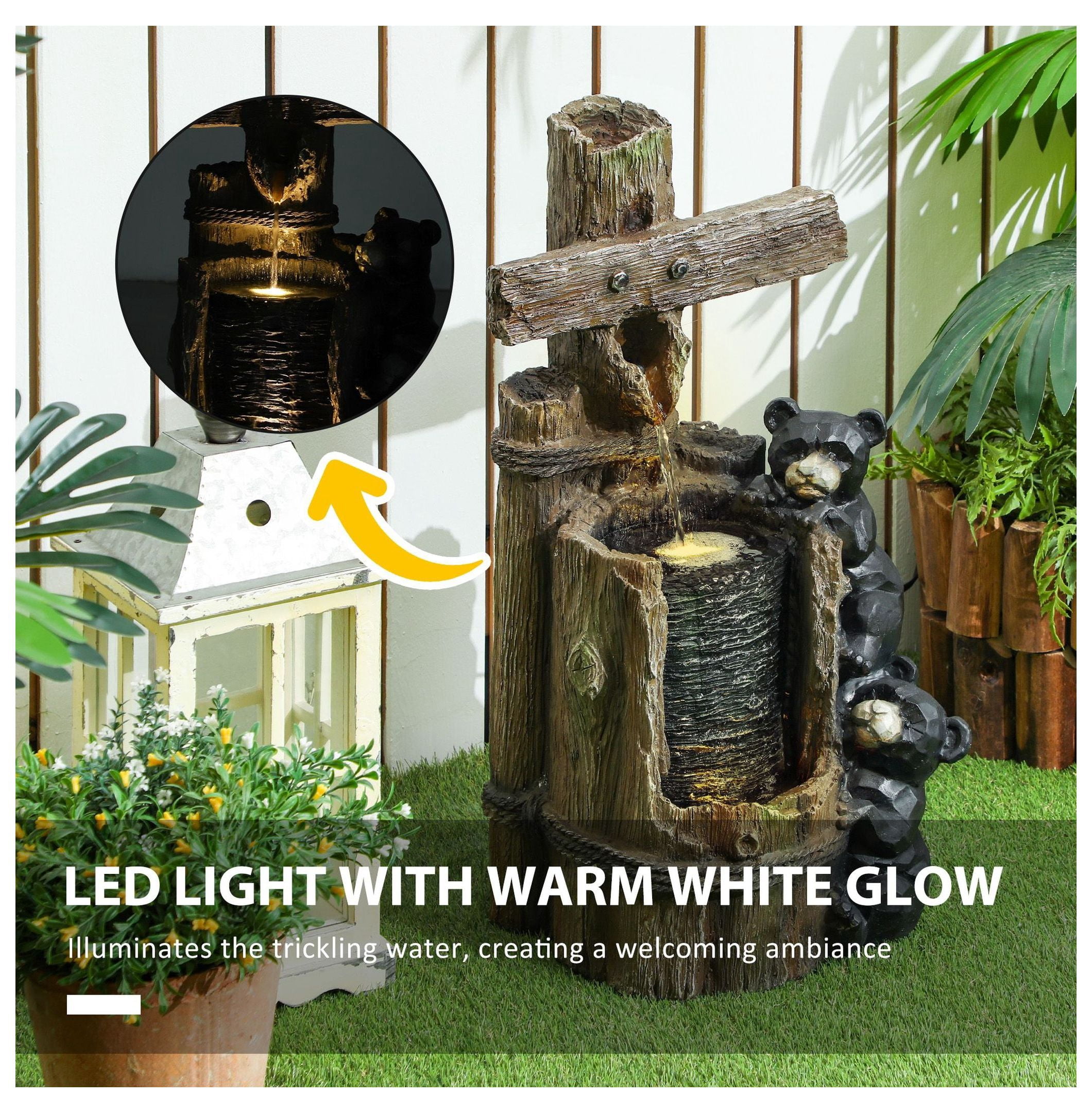 22.8" Outdoor Water Fountain, 3-Tier Bear Waterfall with LED Lights & Pump