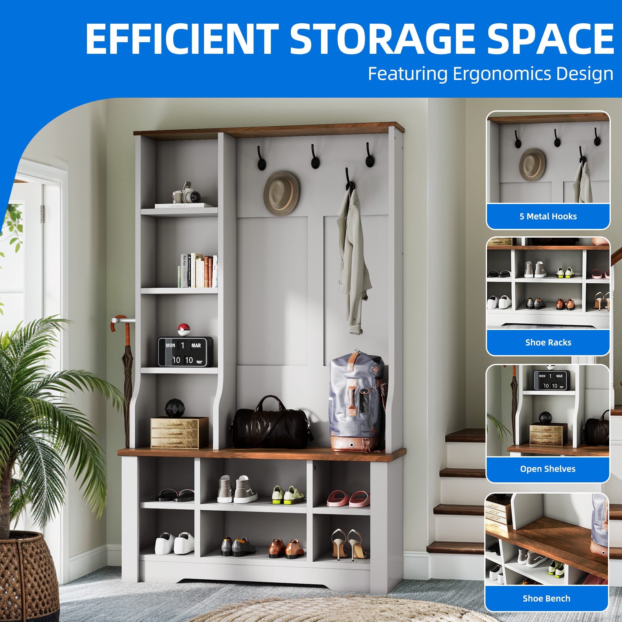 Uforic White Hall Tree with Shoe Storage, Coat Rack with Bench for Entryway, Adjustable Shelf